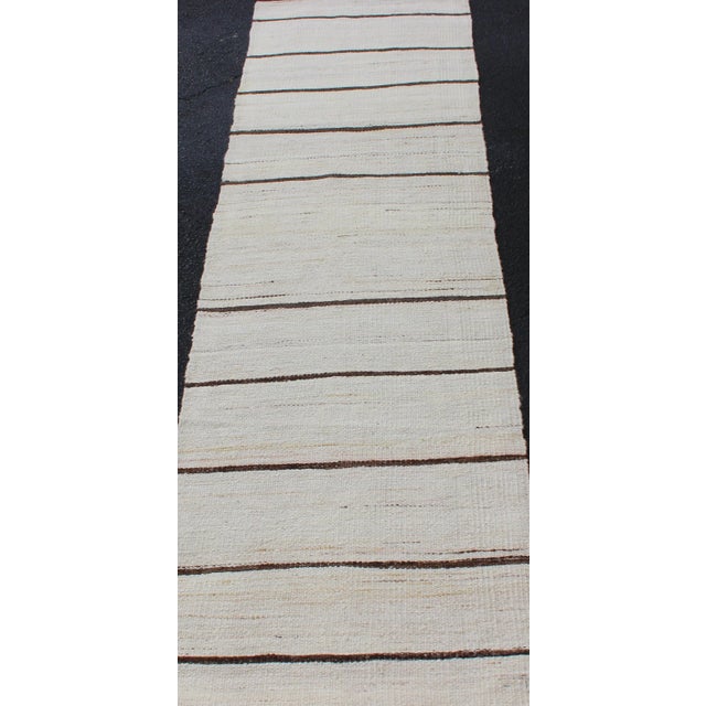 Mid 20th Century Mid 20th Century Minimalist Design Vintage Turkish Kilim Runner in Off White & Brown Lines For Sale - Image 5 of 10
