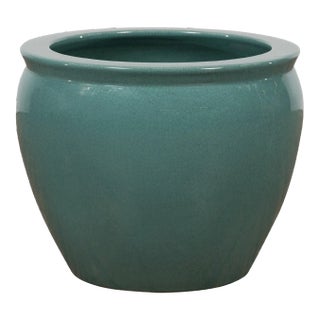 Mid Century Teal Garden Planter with Circular Opening & Tapering Lines For Sale
