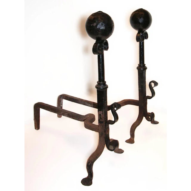 Traditional Andirons Cast and Wrought Iron With Scroll and Ball Finials - A Pair For Sale - Image 3 of 4