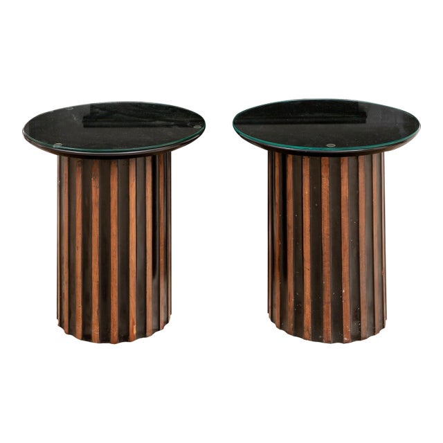 1970s Vintage Round Pedestal Form Marble Top Side Tables—A Pair For Sale