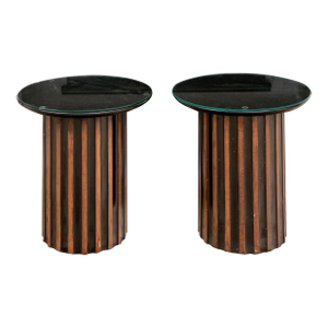 1970s Vintage Round Pedestal Form Marble Top Side Tables—A Pair