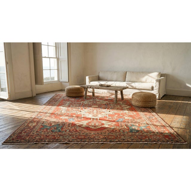 Charming Red Background Color Geometric Design Antique Persian Heriz Serapi Rug For Sale - Image 9 of 9