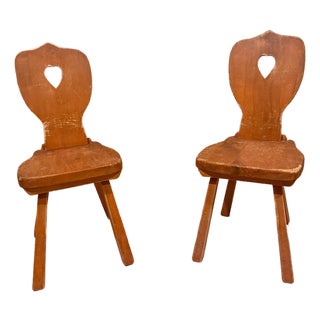 Set of 2 Vintage Alpine Bavarian Heart-Cutout Plank Chairs (Brettstuhl)(Tyrolean) For Sale