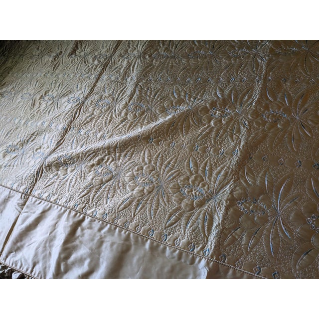 Hollywood Regency Gold Satin Bedspread Full Floral Embroidered For Sale - Image 4 of 12