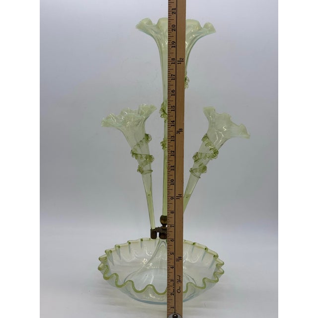 Antique Victorian Epergne Light Green Vaseline Glass Ruffle Ca 1880 Art Glass Vase Glows For Sale - Image 11 of 11