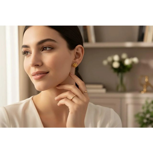 Mid-Century Modern 1950s Pair of 22k Yellow Gold Floral Stud Earrings With Screw Backs For Sale - Image 3 of 11