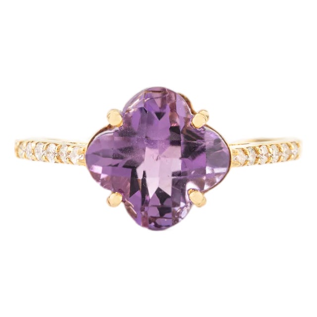 VRJewels 14k Yellow Gold Clover Amethyst Diamond Cocktail Ring Size 9 For Sale