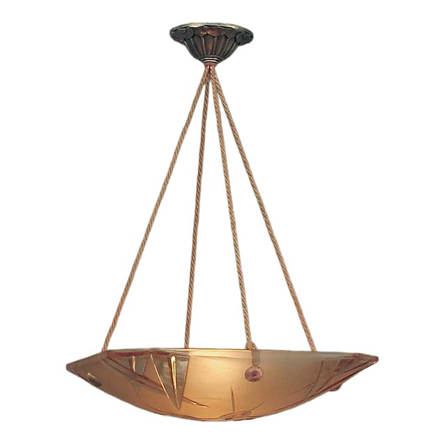 1930s Art Deco Peach Glass French Lighting Bowl Chandelier With Original Pink Cordelier For Sale