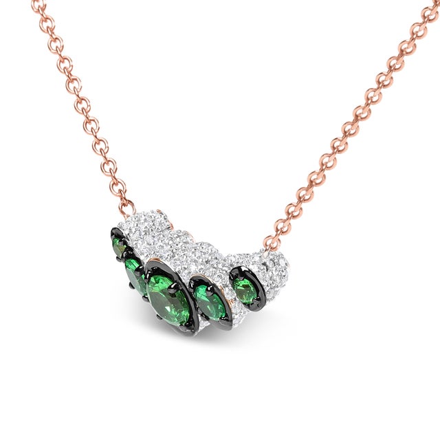 18K Rose Gold 3/4 Cttw Pave Diamonds and Graduated Green Tsavorite Gemstone Curved Bar Choker Necklace - Adjustable up to 14" - 16.5" For Sale - Image 4 of 6
