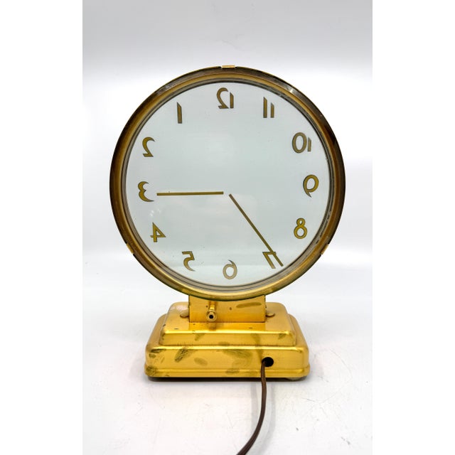 Gold 1940s Art Deco Etalage Reclame Mystery Clock Running Nicely For Sale - Image 8 of 14