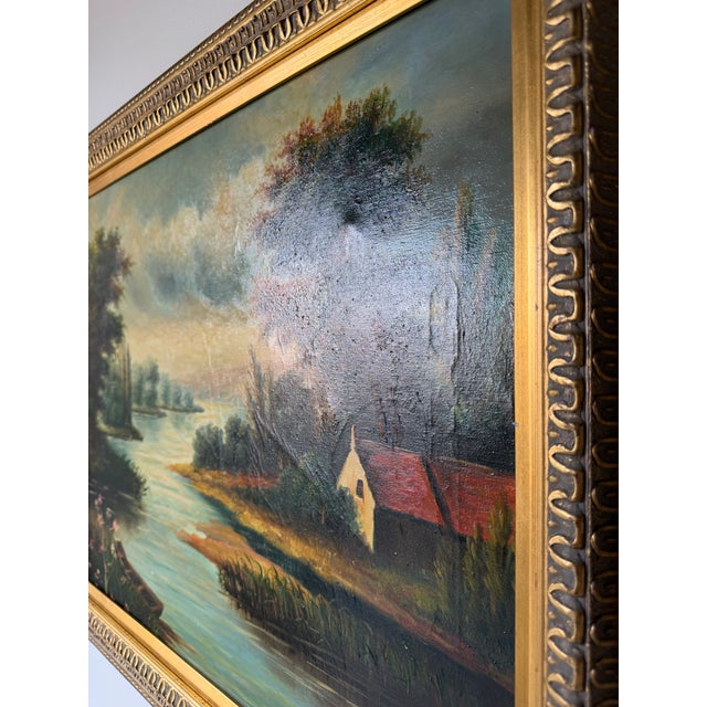 Green Vintage European Countryside River Landscape Oil Painting on Canvas – Framed For Sale - Image 8 of 17