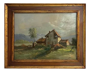 Tessari, Farmhouse in the Countryside, 1800s, Oil on Panel, Framed