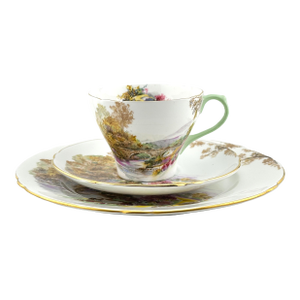 Shelley Heather Series Trio, New Cambridge Shape Cup, Saucer and Plate, 1950s English Bone China Teacup