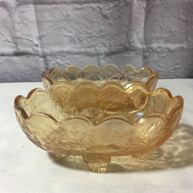 Gold Vintage Jeanette Floral Iridescent Floragold Louisa Scallop Footed Oval Bowls - Set of 2 For Sale - Image 8 of 11