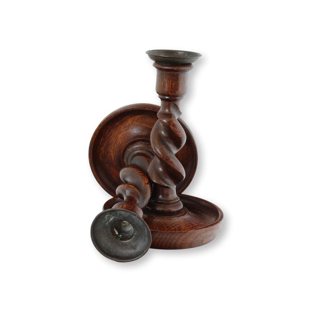 Pair of Antique English Oak Barley Twist Candlesticks, c.1890 For Sale - Image 4 of 4