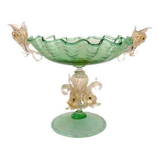 Italian Murano Green Glass Pedestal Bowl Compote With Dolphins Mid Century Modern For Sale