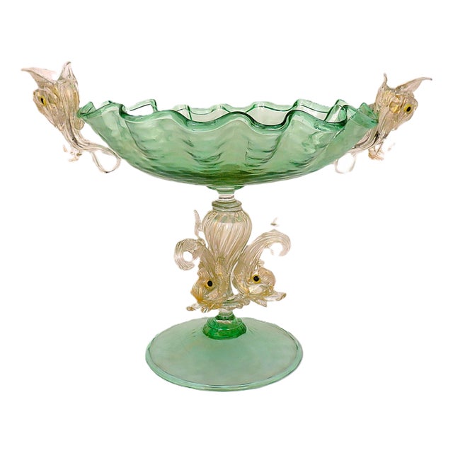Italian Murano Green Glass Pedestal Bowl Compote With Dolphins Mid Century Modern For Sale