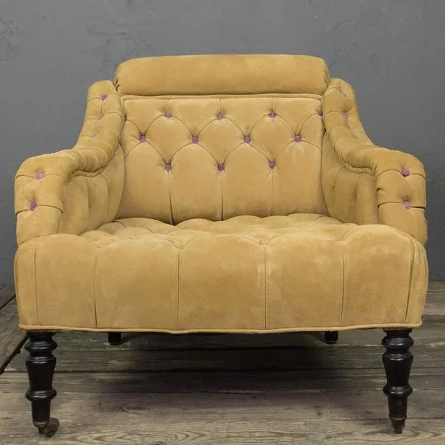 French 19th Century Tufted Suede Armchair With Purple Buttons For Sale - Image 4 of 11