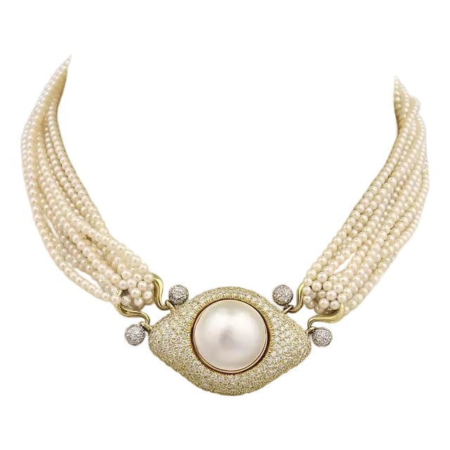 Elaborate Pearl Necklace 4ct Diamond 18k Gold Mabe Pearl Pendant Multi-Strand For Sale