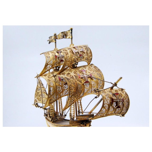 Silver Filigree Caravel with Enamelled Crosses, Sails and Wooden Base For Sale - Image 6 of 11