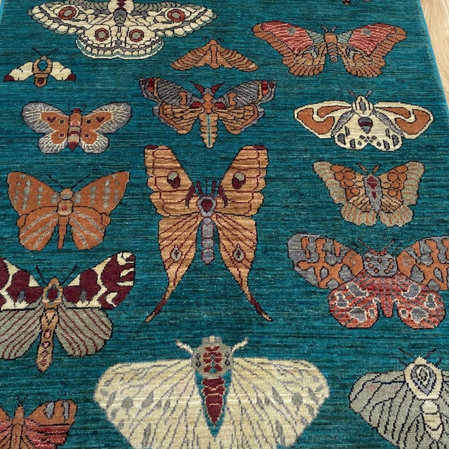 Art Deco Teal Butterfly Moth Pictorial Hand-Knotted Wool Rug - 3'4" X 4'10" For Sale - Image 3 of 10