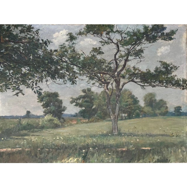 Wells Moses Sawyer (American 1863 - 1960) oil painting on canvas of a verdant New England summer landscape and large tree....