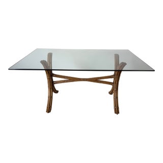 Vintage Coastal Organic McGuire - Style Rattan and Leather Dining Table With Glass Top For Sale