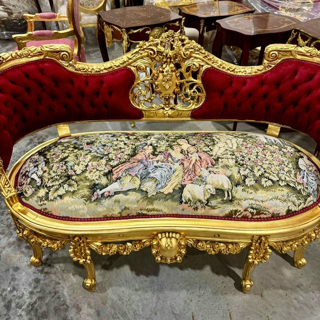 2020s French Style Art Bench Small Settee Vintage Red Velvet Gold Details For Sale - Image 5 of 7