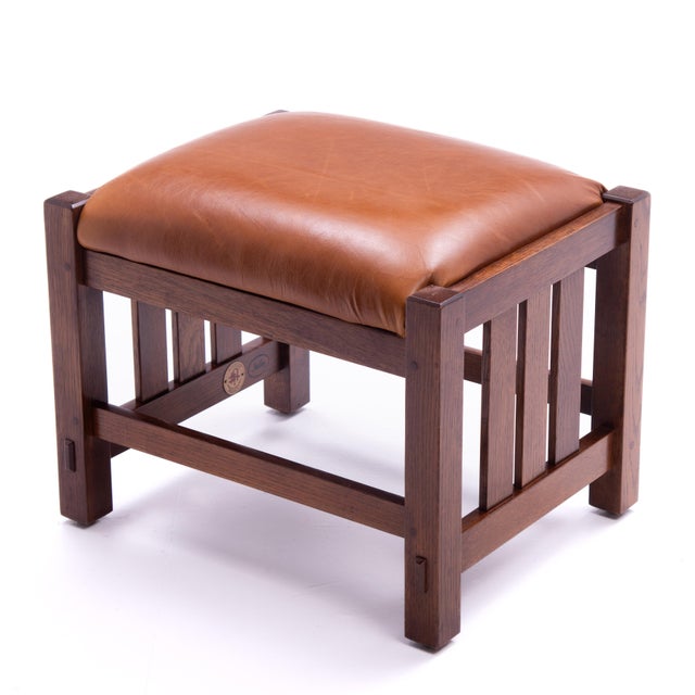 2000 - 2009 L. & J. G. Stickley Footstool Leather Oak Mission Art & Crafts For Sale - Image 5 of 10