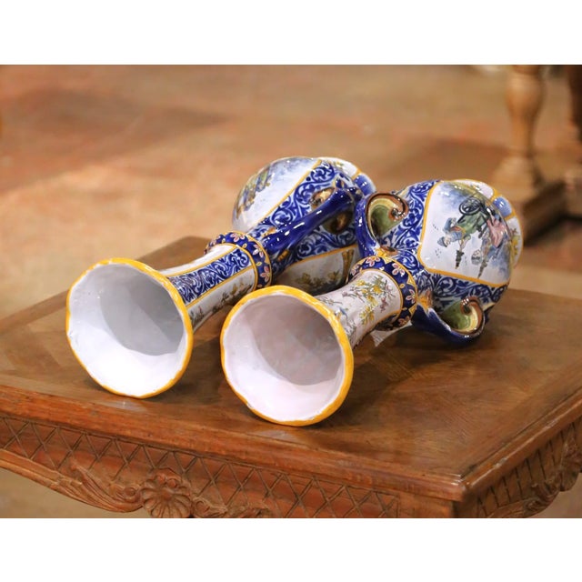 Pair of 19th Century French Hb Quimper Hand Painted Faience Tall Neck Vases For Sale - Image 13 of 16