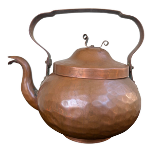 Antique Hand-Hammered Copper Kettle With Bail Handle and Sculptural Spout