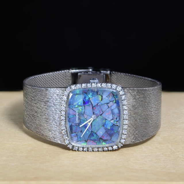 Vintage Longines Opal Mosaic Dial 34mm Diamond Bezel 18k White Gold Watch For Sale - Image 12 of 14