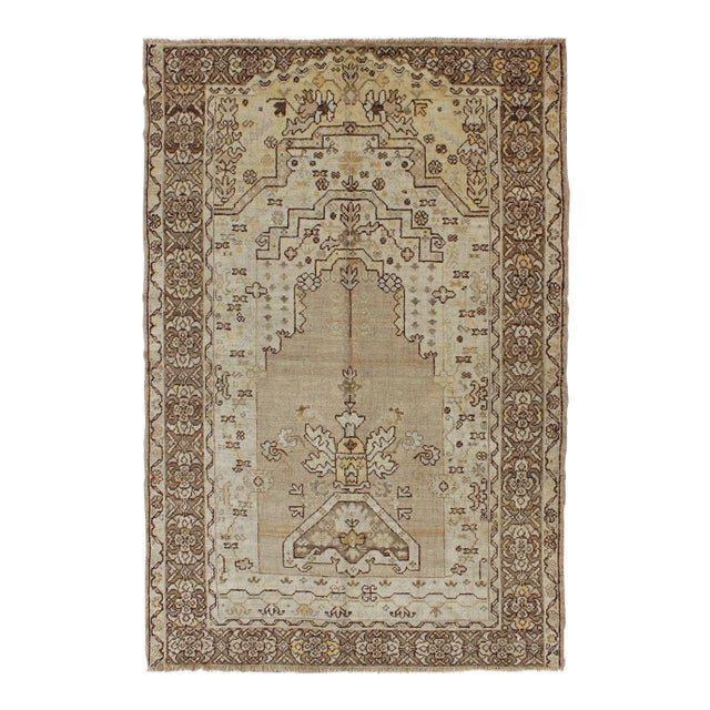 Antique Turkish Oushak Prayer Rug With Flowers in Ivory, Taupe and Cream 4′ × 6′2″ For Sale