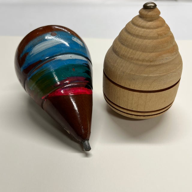 Shabby Chic Antique Toy Wooden Tops Set/2 For Sale - Image 3 of 5