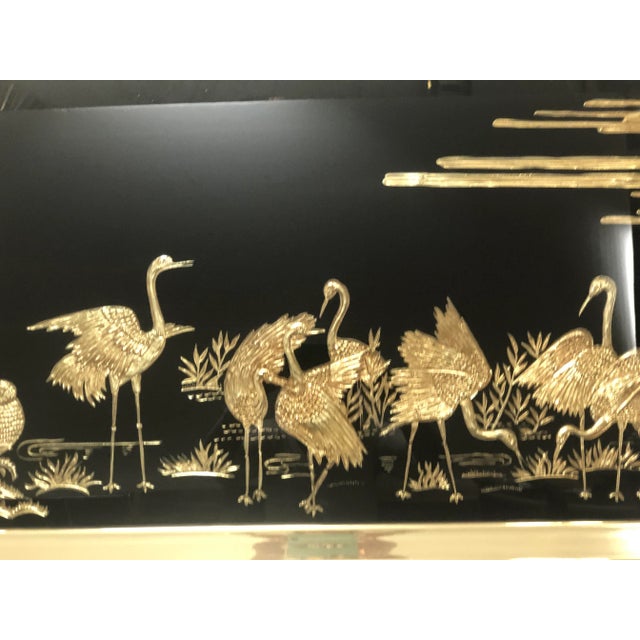 1960s Large Black Glass Chinoiserie Wall Art With Gold Herons For Sale - Image 5 of 7