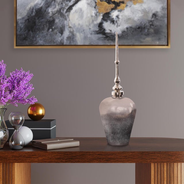 Contemporary Venetia Ebony Glass Bottle with Aluminium Spired Lid - Short For Sale - Image 3 of 11