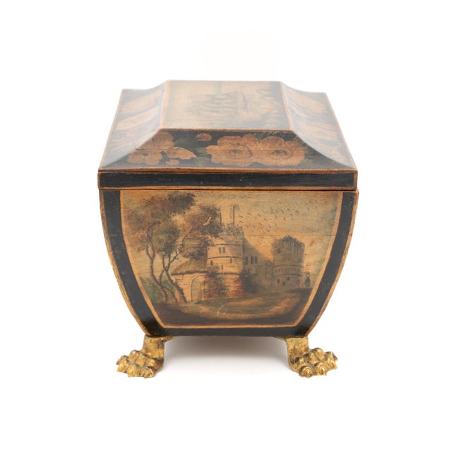 Paint Regency Painted and Penwork Bombe Box on Gilt Lion Paw Feet, English, Circa 1820 For Sale - Image 7 of 12
