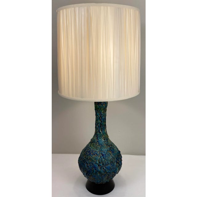 Large and very decorative blue ceramic table lamp from France. Very attractive mid-century modern ceramic table lamp with...