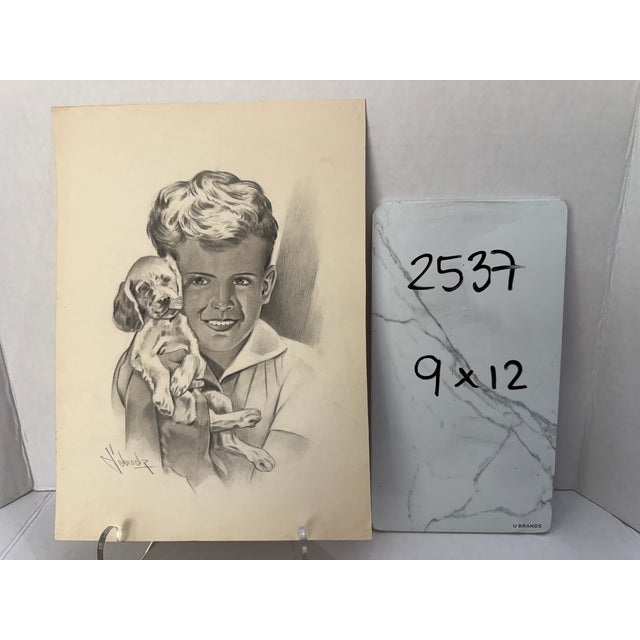 1940s Original Signed Graphite Illustration of Boy Holding Puppy, 12 × 9 In. For Sale In Atlanta - Image 6 of 6