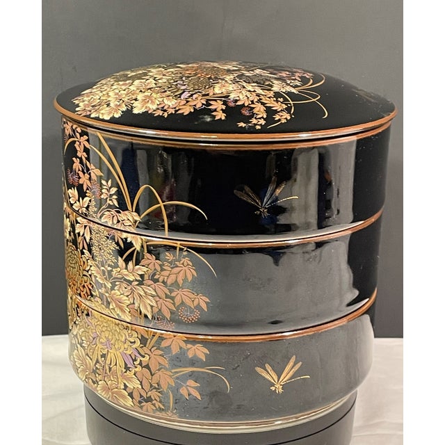 Japanese 1960s Vintage Shibata Japanese 3 Tiered Black Porcelain Lidded Box Dragonflies Flower For Sale - Image 3 of 8