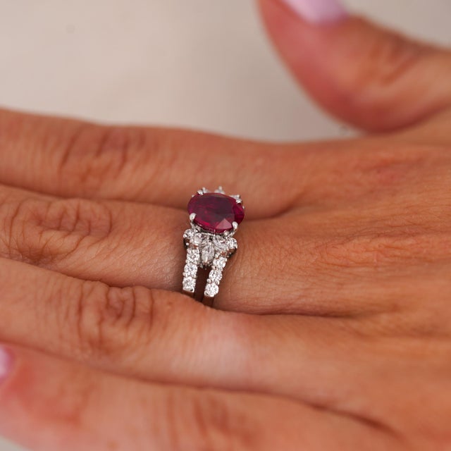 Gia Certified 2 Carat Burma Ruby Diamond Platinum Cocktail Ring, Size 5.75 For Sale - Image 12 of 13