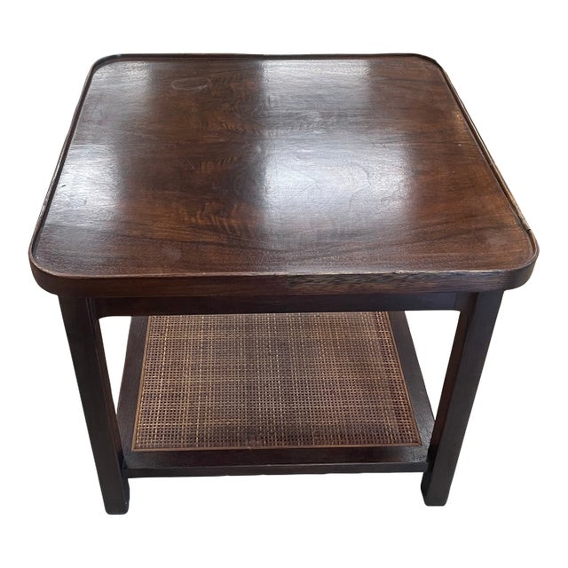 1960s Mid-Century Modern Side Table With Burled Walnut Top & Caned Shelf For Sale