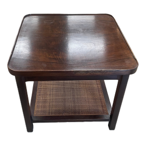 1960s Mid-Century Modern Side Table With Burled Walnut Top & Caned Shelf