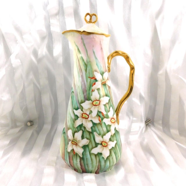 Contemporary 1990s Jean Pouyat Limoges Signed Chocolate Pot Set With Hand Painted Daffodils For Sale - Image 3 of 18