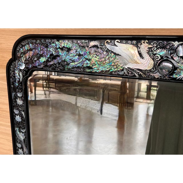Glass Chinese Export Black Lacquered Mirror With Inlays For Sale - Image 7 of 8