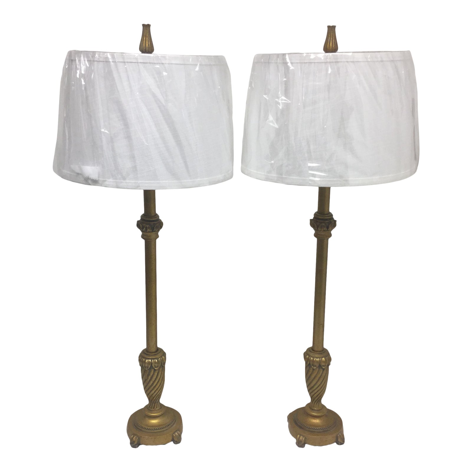 Vintage Gold Gilt Candlestick Lamps by Michael Berman With New Shades