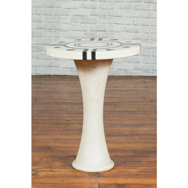 White White Marble Side Table with Poker Design Round Top and Pedestal Hourglass Base For Sale - Image 8 of 10