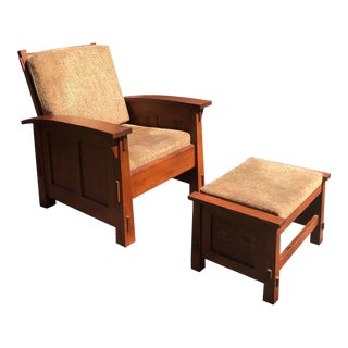 Mission Style Solid Quartersawn Oak Arm Chair & Ottoman For Sale