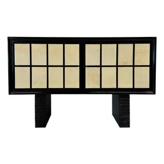 Italian Art Deco Sideboard in Parchment with Black Lacquer and Blue Mirror, 1940s For Sale