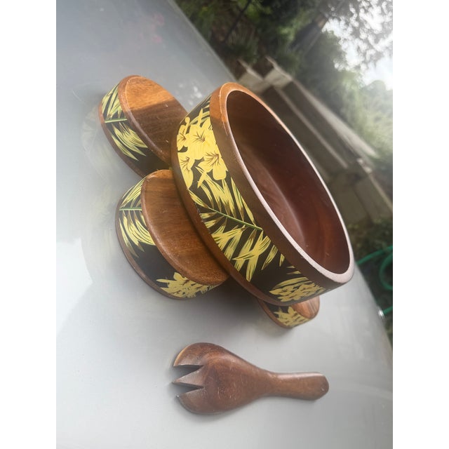 Vintage Handcrafted Wooden Black Lacquer & Bamboo Salad Serving Set - 6 pcs For Sale - Image 4 of 12